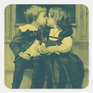 Antikes Liebes- und Romantikfoto, Kinder küssen si Quadratischer Aufkleber