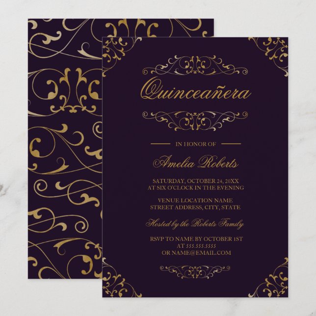 Antikes Lila Gold Geblüht Quinceanera Einladung (Vorne/Hinten)