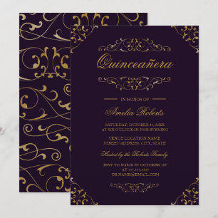 Antikes Lila Gold Geblüht Quinceanera Einladung