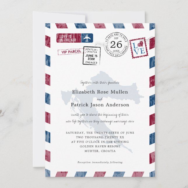 Antikes Luftpostpaket für Kroatien Hochzeit Einladung (Vorderseite)