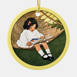 Antikes Mädchen beim Lesen in einer Hängematte Keramik Ornament