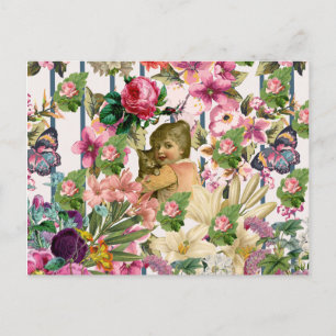 Antikes Mädchen & Katze Rosen Blumen Streifen Must Postkarte
