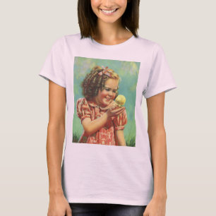 Antikes Mädchen mit Babyküken, glückliches Kind lä T-Shirt