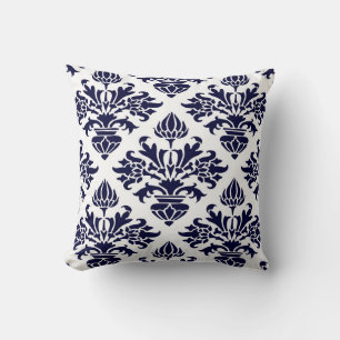 Antikes Marineblau Großes Florales Damast Weißer H Kissen