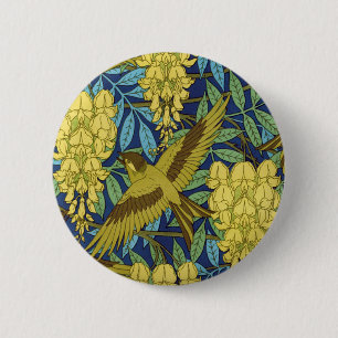 Antikes Marineblau-Vogel- und Gelb-Blumenmuster Button
