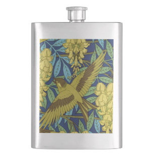 Antikes Marineblau-Vogel- und Gelb-Blumenmuster Flachmann