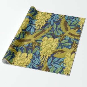 Antikes Marineblau-Vogel- und Gelb-Blumenmuster Geschenkpapier