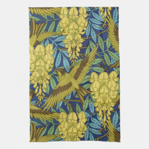Antikes Marineblau-Vogel- und Gelb-Blumenmuster Geschirrtuch