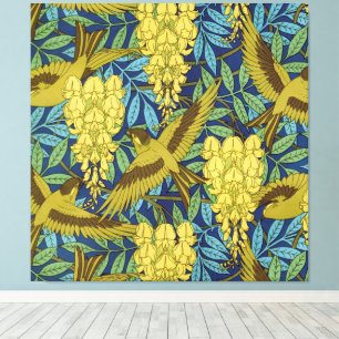 Antikes Marineblau-Vogel- und Gelb-Blumenmuster Leinwanddruck