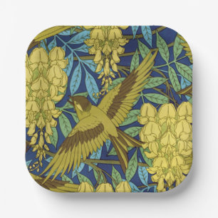 Antikes Marineblau-Vogel- und Gelb-Blumenmuster Pappteller