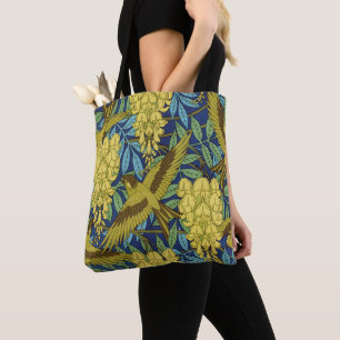 Antikes Marineblau-Vogel- und Gelb-Blumenmuster Tasche