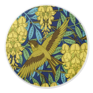 Antikes Marineblau-Vogel- und gelbes Blumenmuster Keramikknauf