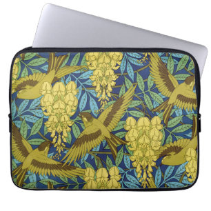 Antikes Marineblau-Vogel- und gelbes Blumenmuster Laptopschutzhülle