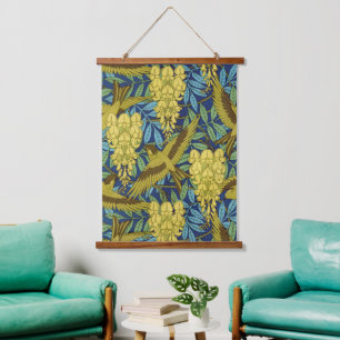 Antikes Marineblau-Vogel- und gelbes Blumenmuster Wandteppich Mit Holzrahmen