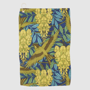 Antikes Marineblaues Vogel- und gelbes Blumenmuste Golfhandtuch