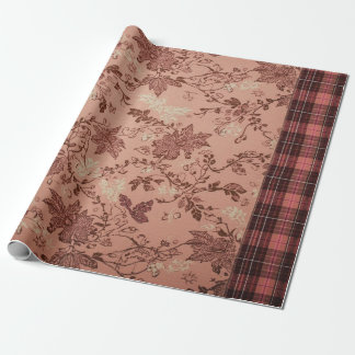 Antikes maulbeerfarbenes Blumen-Chintz- und Karo-G Geschenkpapier