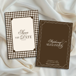 Antikes Mocha-Braun kariert Old Money Hochzeit Save The Date