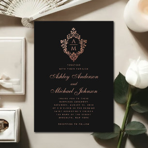 Antikes Monogramm Schwarz Roségold Wappen Hochzeit Einladung