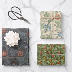 Antikes Morris-Vögel-Rosen-Gitter-Blumenmuster Geschenkpapier Set