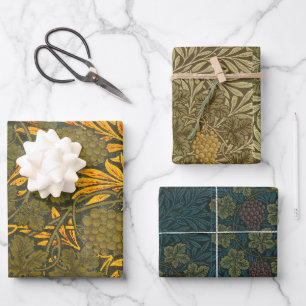 Antikes Morris-Weintrauben-Fruchtmuster Gold Grün Geschenkpapier Set