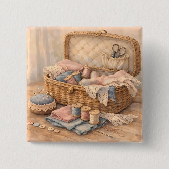 Antikes Nähkörbchen Landhausstil Pastell Button (Vorderseite)