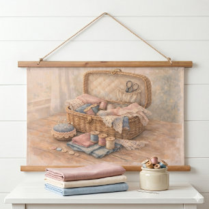 Antikes Nähkörbchen Landhausstil Pastell Wandteppich Mit Holzrahmen