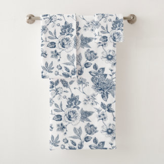 Antikes Navy-Blau-Blumen-Toile-De-Jouy-Muster Badhandtuch Set