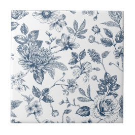 Antikes Navyblau-Blumen-Toile-De-Jouy-Muster Fliese
