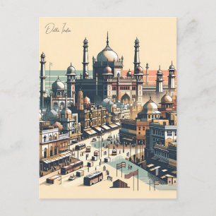 Antikes New Delhi, Indien Reise Aquarell Retro Postkarte