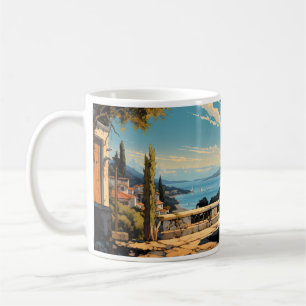 Antikes Ölbild von Stadt und Auto Kaffeetasse
