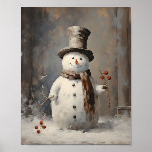Antikes Ölgemälde eines Schneemanns mit Hut Poster