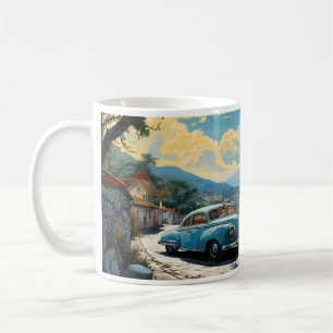 Antikes Ölgemälde von Stadt und Strand Kaffeetasse