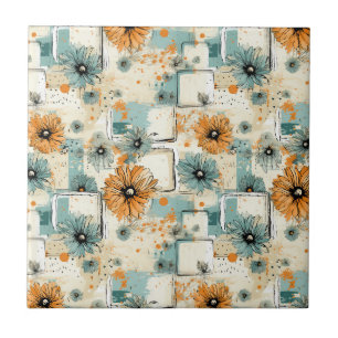 Antikes Orange Blau Botanisches Florales Creme Fliese