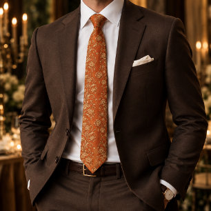 Antikes Orange und Gold Barock Blumenmuster Krawatte