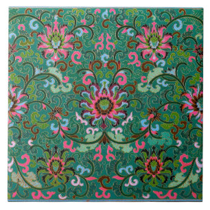 Antikes orientalisches Blumenmuster grün und rosa Fliese