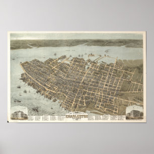 Antikes Panorama Charlestons South Carolina 1872 Poster