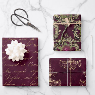 Antikes Paris Burgund und Gold Geschenkpapier Set