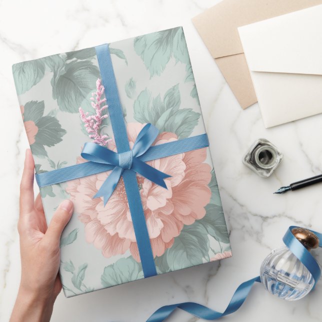 Antikes Pastell-Rosa-Mint-Blumenmuster Geschenkpapier (Schenken)