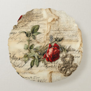 Antikes Pergament-Liebesbrief mit Blumen Rundes Kissen
