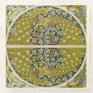 Antikes Pfau-Art-Nouveau-Pflanzenmotiv in Salbeigr Glasuntersetzer