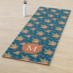 Antikes Pfirsich-Blumenmuster Dunkelblaues Monogra Yogamatte
