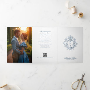 Antikes Regency-Monogrammwappen Foto-Hochzeit Dreifach Gefaltete Einladung