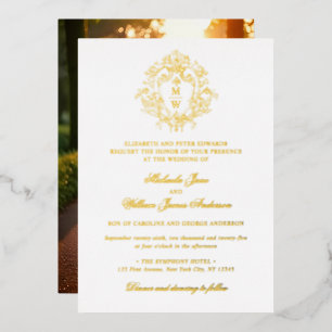 Antikes Regency-Monogrammwappen Foto-Hochzeit Folieneinladung