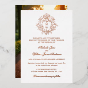 Antikes Regency-Monogrammwappen Foto-Hochzeit Folieneinladung