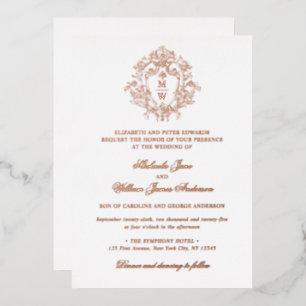 Antikes Regency-Monogrammwappen für echte Hochzeit Folieneinladung