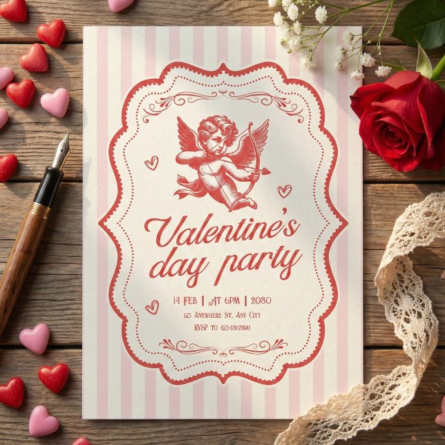 Antikes Rosa Creme Cupid-Bogen Herz Valentins-Art Einladung (Von Creator hochgeladen)