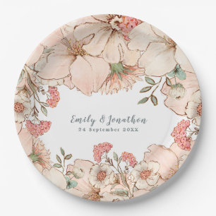 Antikes Rosa Cremed Farbton Blumenname Datum Hochz Pappteller
