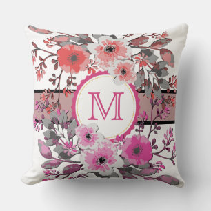 Antikes rosa Korallen-Blumen-Modernes Monogramm Kissen