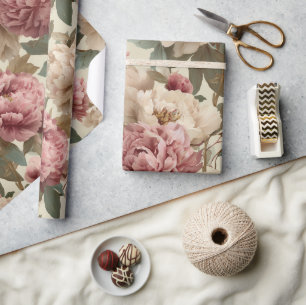 Antikes Rosa Pfingstrose Creme Blumenmuster Geschenkpapier