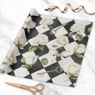 Antikes Rosenblumen Schwarz-Weiß-Diamantmuster Geschenkpapier